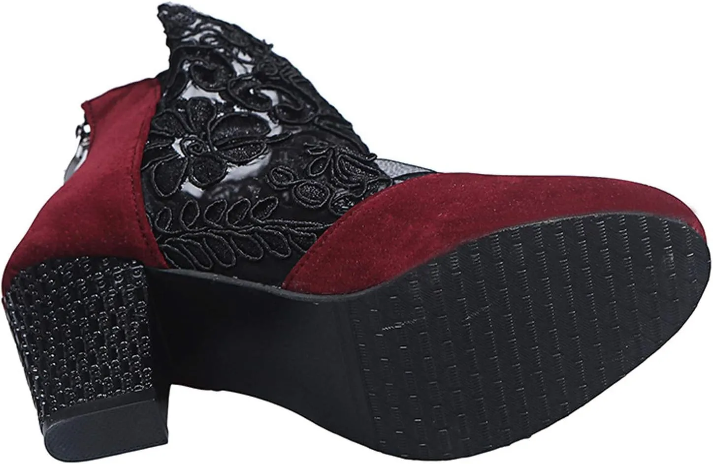 Low Chunky Heel Sandals for Women Dressy Mesh Embroidered Floral Flats Pumps Zipper Closed Toe Heeled Sandals