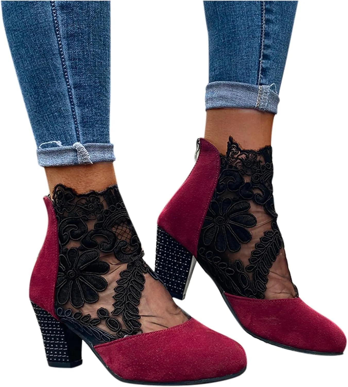 Low Chunky Heel Sandals for Women Dressy Mesh Embroidered Floral Flats Pumps Zipper Closed Toe Heeled Sandals