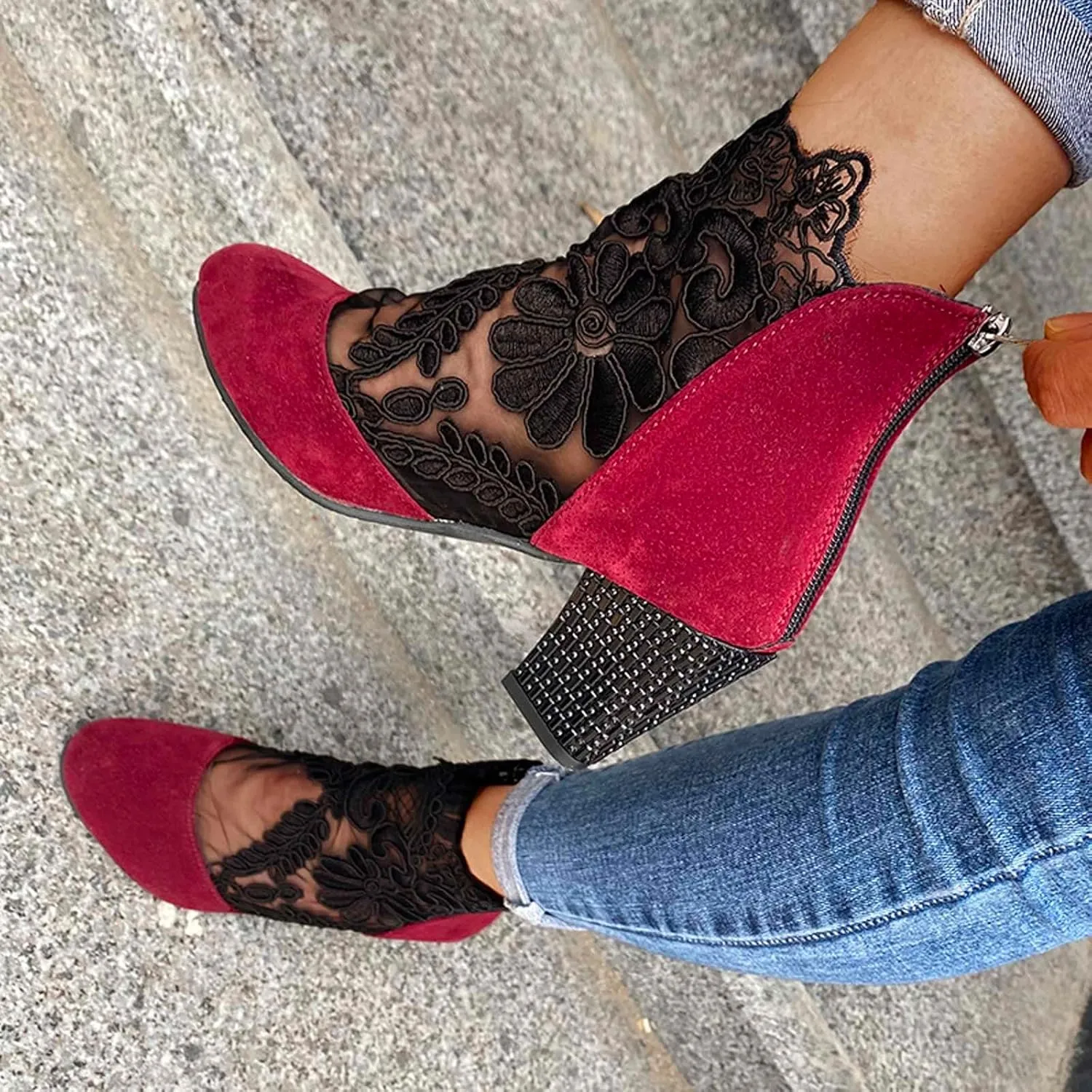 Low Chunky Heel Sandals for Women Dressy Mesh Embroidered Floral Flats Pumps Zipper Closed Toe Heeled Sandals