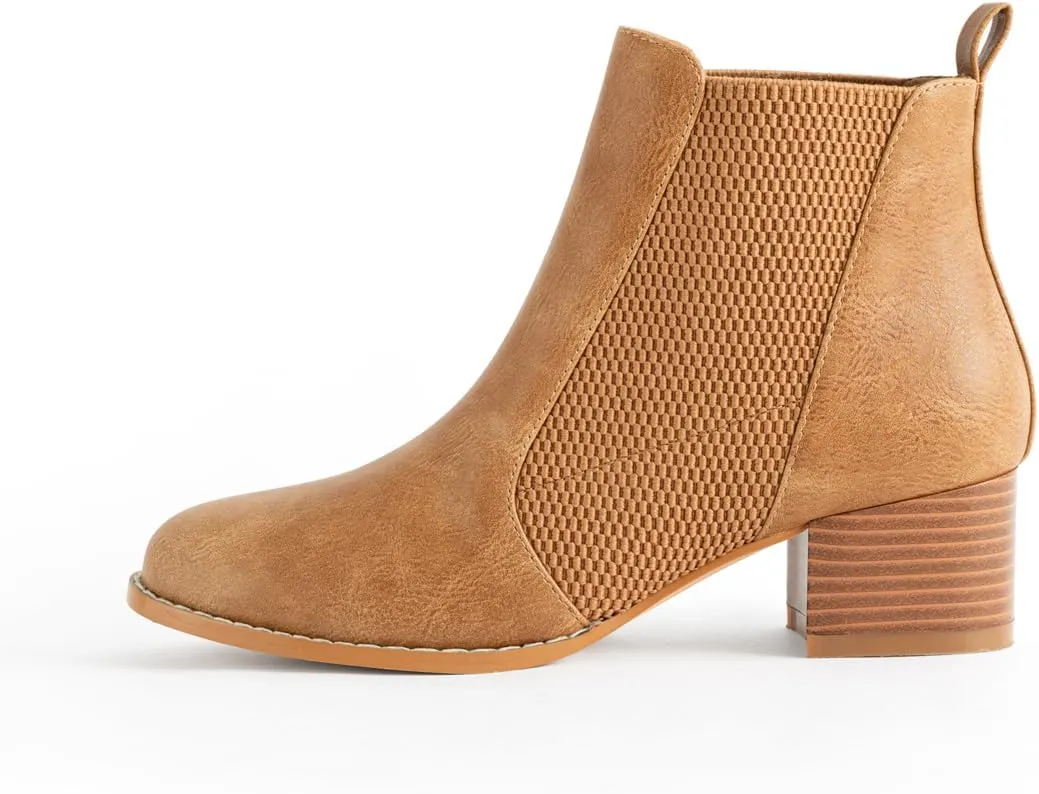 Low Heel Ankle Boots for Women Chunky Block Heel Elastic Gore Chelsea Boots Slip On Comfortable Short Boots Round Toe Black Brown Heeled Booties for Fall Winter