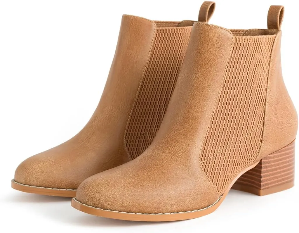 Low Heel Ankle Boots for Women Chunky Block Heel Elastic Gore Chelsea Boots Slip On Comfortable Short Boots Round Toe Black Brown Heeled Booties for Fall Winter