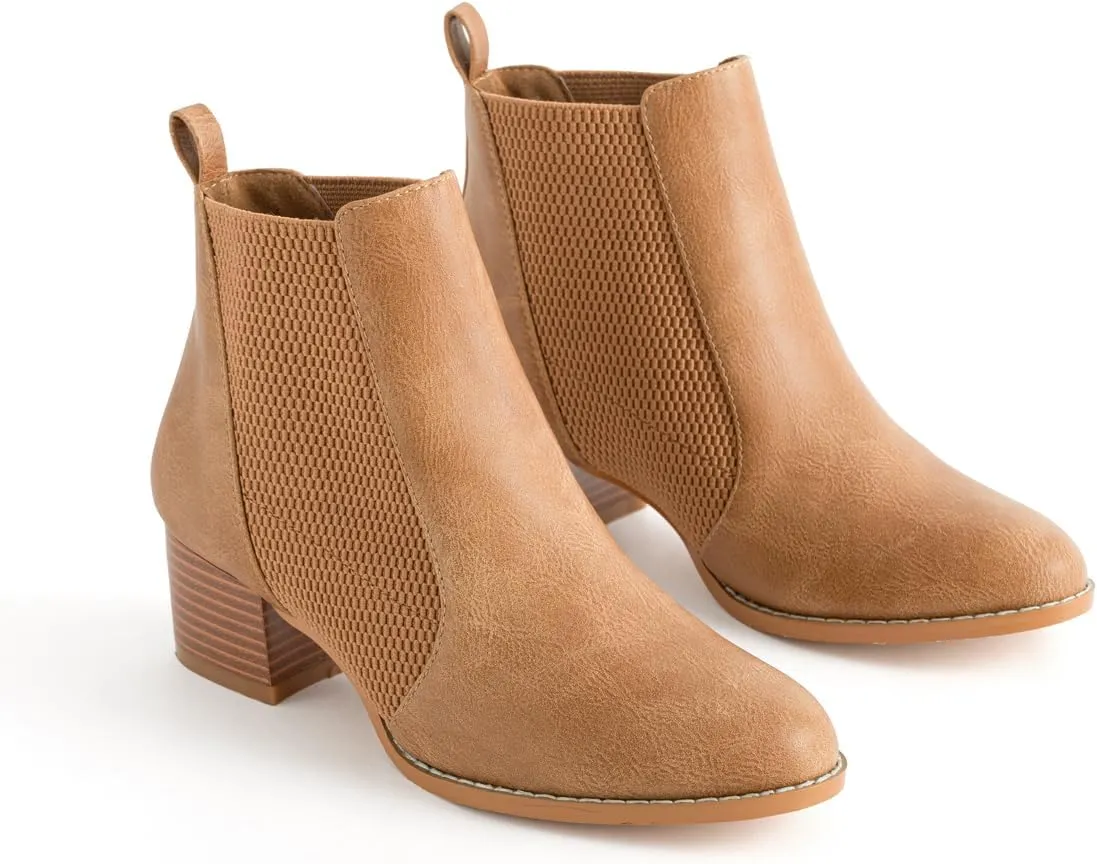 Low Heel Ankle Boots for Women Chunky Block Heel Elastic Gore Chelsea Boots Slip On Comfortable Short Boots Round Toe Black Brown Heeled Booties for Fall Winter