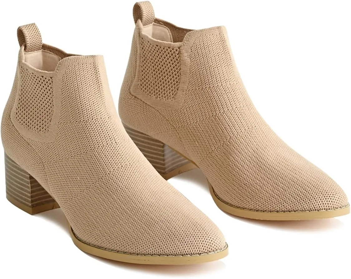Low Heel Ankle Boots for Women Chunky Heel Knit Sock Chelsea Boots Slip On Stretchy Comfortable Short Boots Fashion Black Brown Heeled Booties Dress Shoes for Fall & Winter