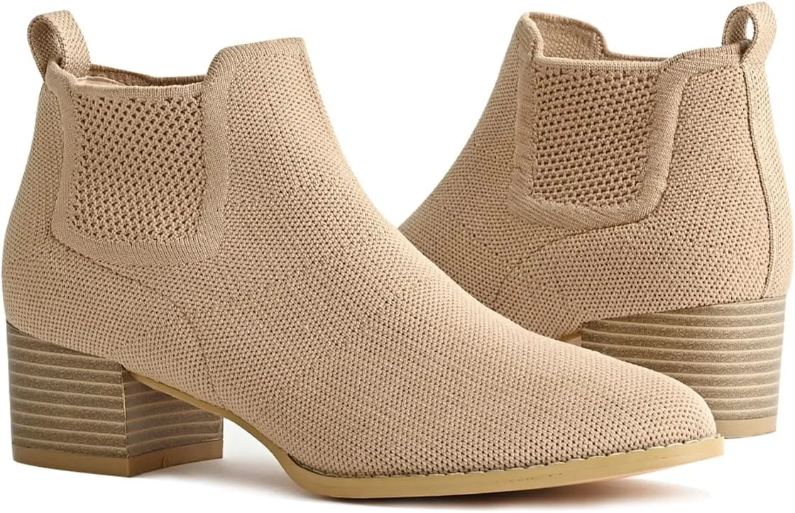 Low Heel Ankle Boots for Women Chunky Heel Knit Sock Chelsea Boots Slip On Stretchy Comfortable Short Boots Fashion Black Brown Heeled Booties Dress Shoes for Fall & Winter