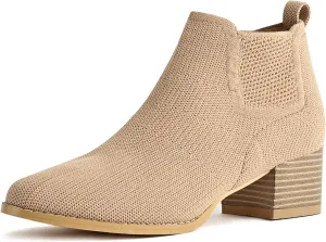 Low Heel Ankle Boots for Women Chunky Heel Knit Sock Chelsea Boots Slip On Stretchy Comfortable Short Boots Fashion Black Brown Heeled Booties Dress Shoes for Fall & Winter