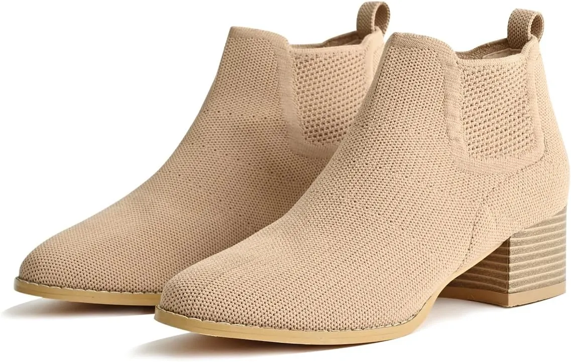 Low Heel Ankle Boots for Women Chunky Heel Knit Sock Chelsea Boots Slip On Stretchy Comfortable Short Boots Fashion Black Brown Heeled Booties Dress Shoes for Fall & Winter