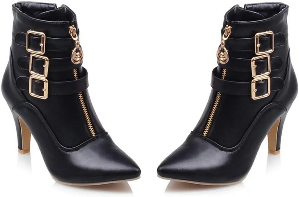 LUXMAX Kitten Heel Ankle Boots for Women Buckle Ankle Boots Strappy Pointed Toe Booties High Heels Short Boots