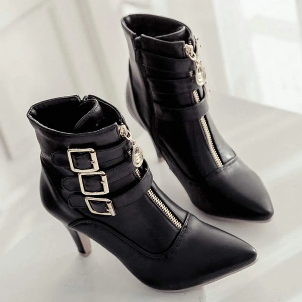 LUXMAX Kitten Heel Ankle Boots for Women Buckle Ankle Boots Strappy Pointed Toe Booties High Heels Short Boots