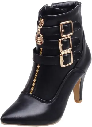 LUXMAX Kitten Heel Ankle Boots for Women Buckle Ankle Boots Strappy Pointed Toe Booties High Heels Short Boots