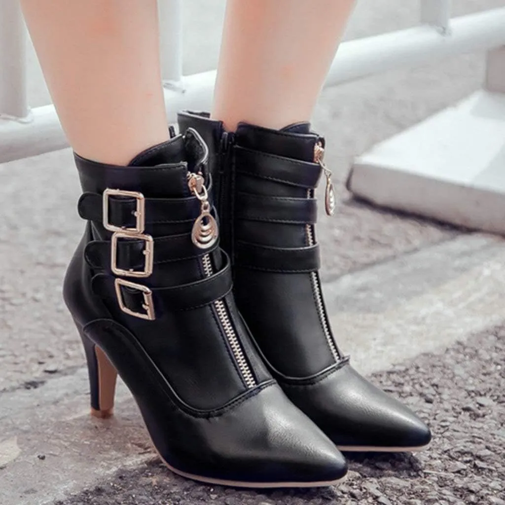 LUXMAX Kitten Heel Ankle Boots for Women Buckle Ankle Boots Strappy Pointed Toe Booties High Heels Short Boots