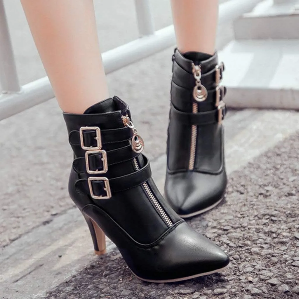 LUXMAX Kitten Heel Ankle Boots for Women Buckle Ankle Boots Strappy Pointed Toe Booties High Heels Short Boots
