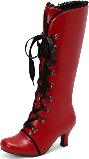 LUXMAX Vintage Victorian Boots for Women Kitten Heel Knee High boots Lace Up Witch Shoes Square Toe Goth Tall Boots with Zipper