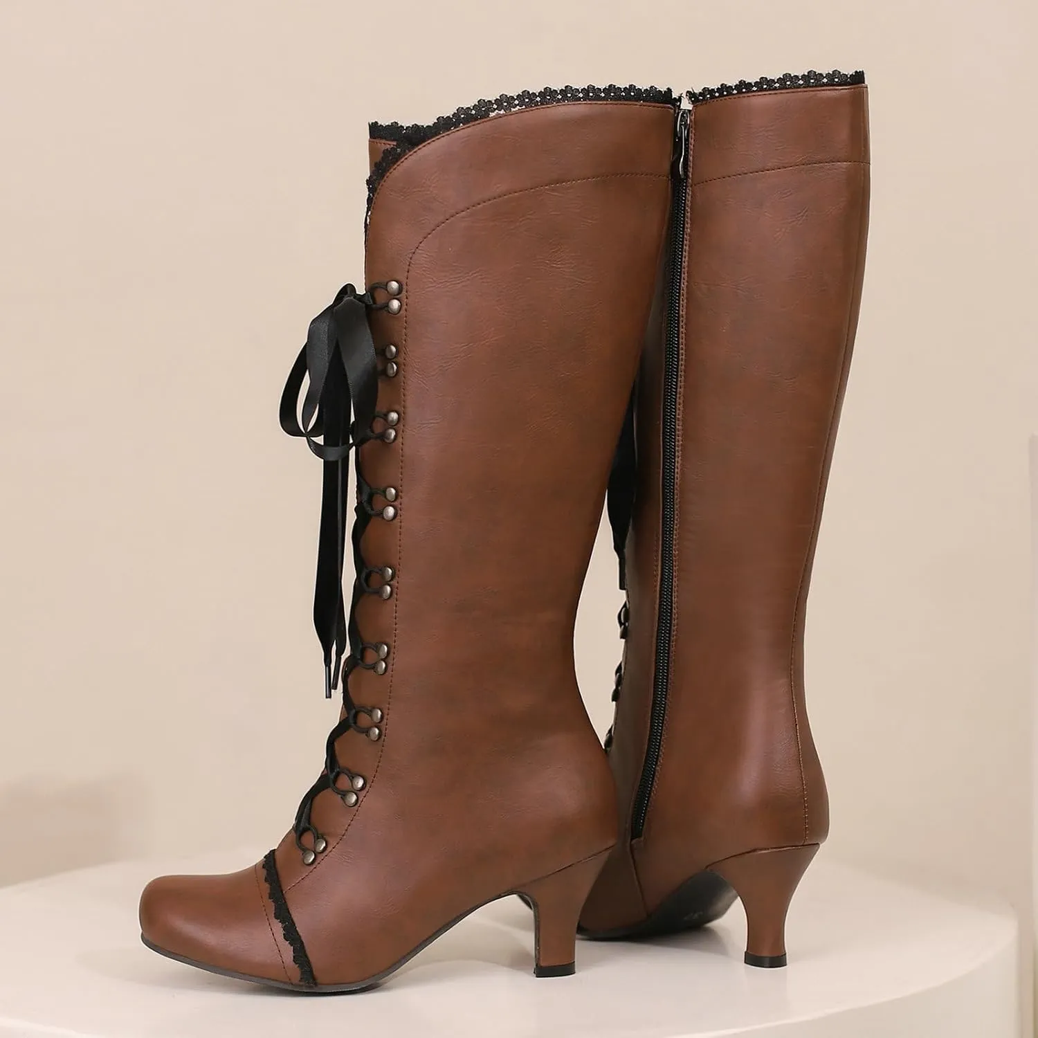 LUXMAX Vintage Victorian Boots for Women Kitten Heel Knee High boots Lace Up Witch Shoes Square Toe Goth Tall Boots with Zipper