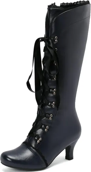LUXMAX Vintage Victorian Boots for Women Kitten Heel Knee High boots Lace Up Witch Shoes Square Toe Goth Tall Boots with Zipper