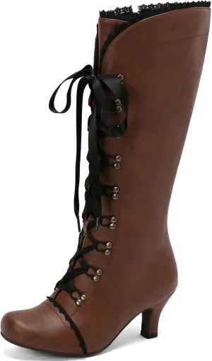 LUXMAX Vintage Victorian Boots for Women Kitten Heel Knee High boots Lace Up Witch Shoes Square Toe Goth Tall Boots with Zipper