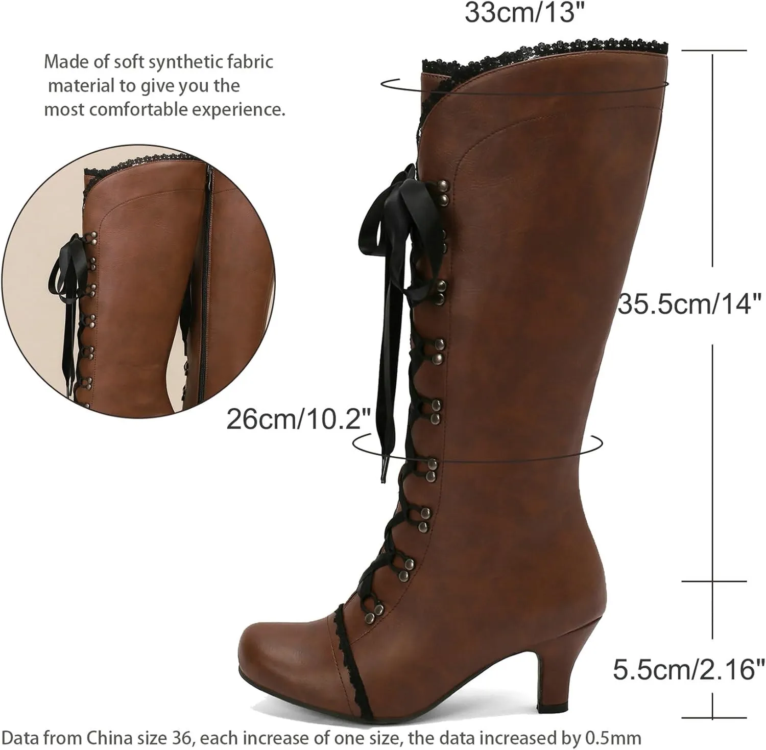 LUXMAX Vintage Victorian Boots for Women Kitten Heel Knee High boots Lace Up Witch Shoes Square Toe Goth Tall Boots with Zipper