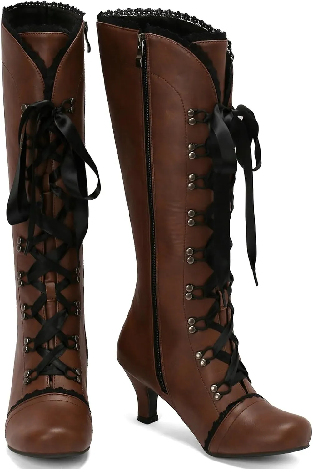 LUXMAX Vintage Victorian Boots for Women Kitten Heel Knee High boots Lace Up Witch Shoes Square Toe Goth Tall Boots with Zipper