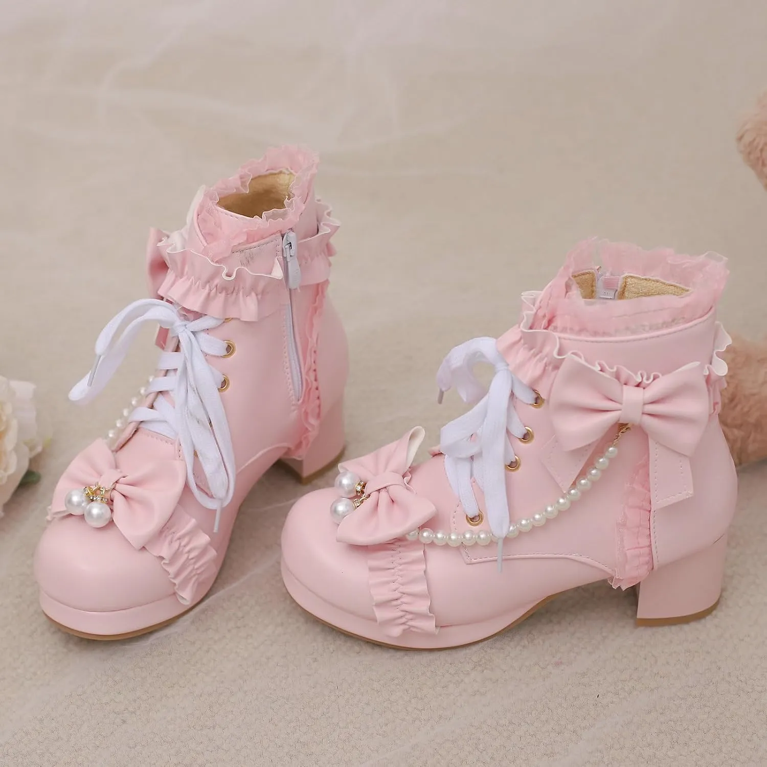 LUXMAX Women Chunky Heel Lace Up Booties Lolita Kawaii Shoes Block Heel Cute Ankle Boots Sweet Lace Boots with Bow