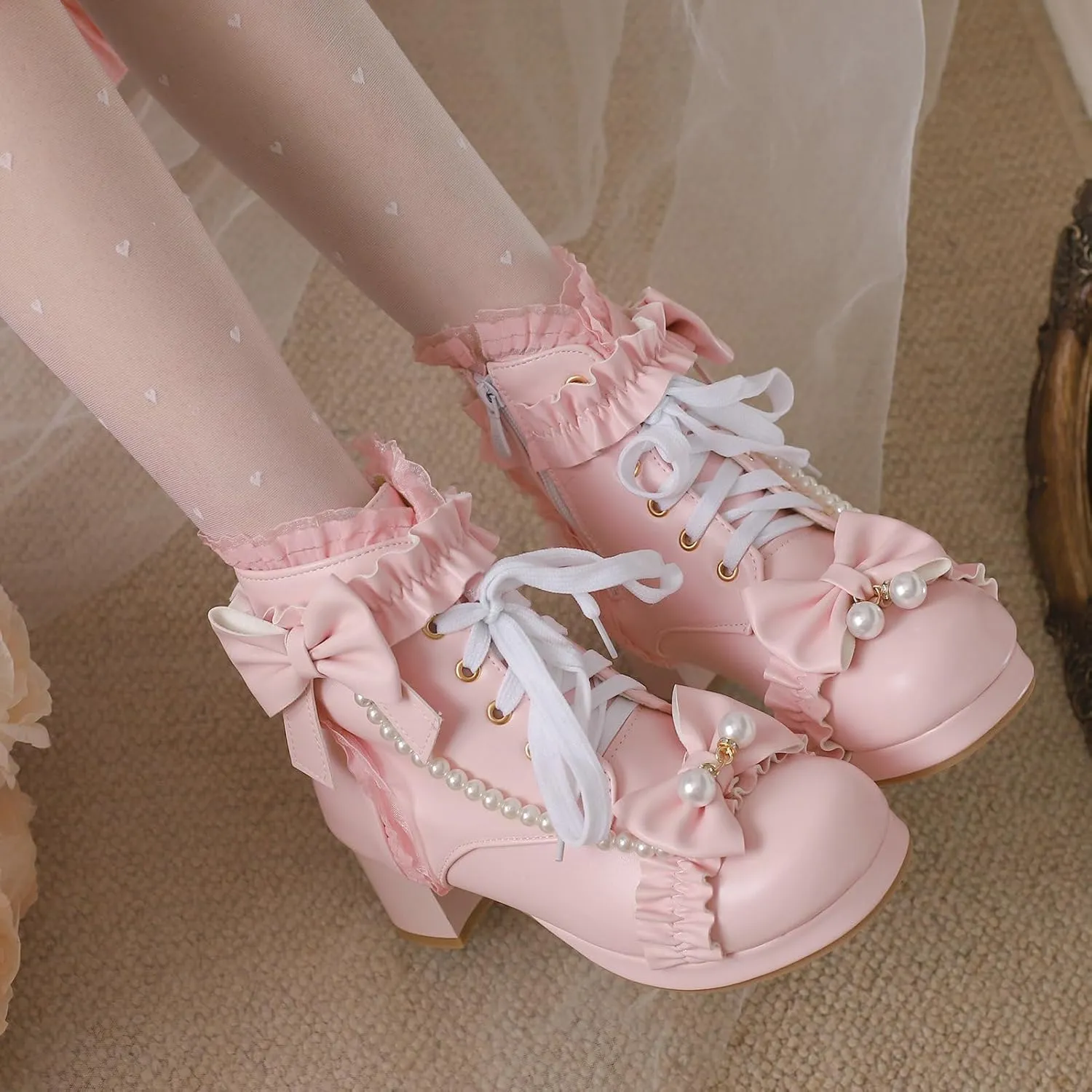 LUXMAX Women Chunky Heel Lace Up Booties Lolita Kawaii Shoes Block Heel Cute Ankle Boots Sweet Lace Boots with Bow