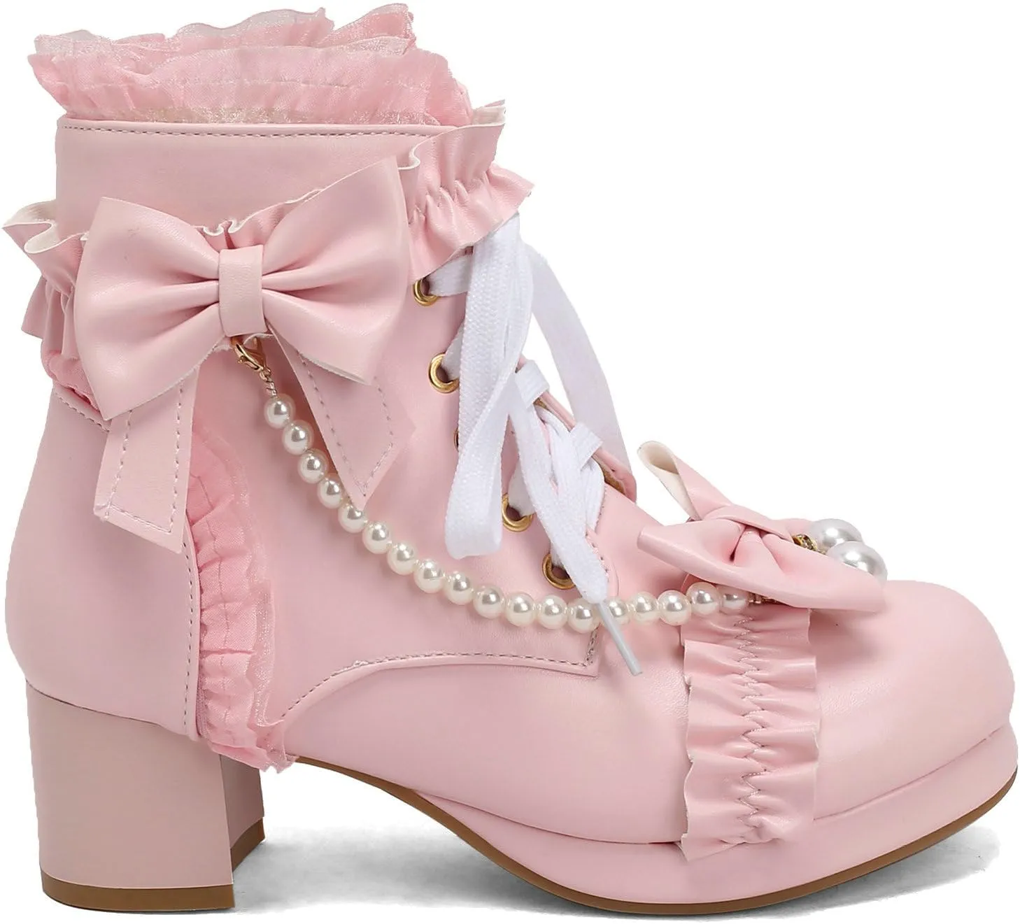 LUXMAX Women Chunky Heel Lace Up Booties Lolita Kawaii Shoes Block Heel Cute Ankle Boots Sweet Lace Boots with Bow