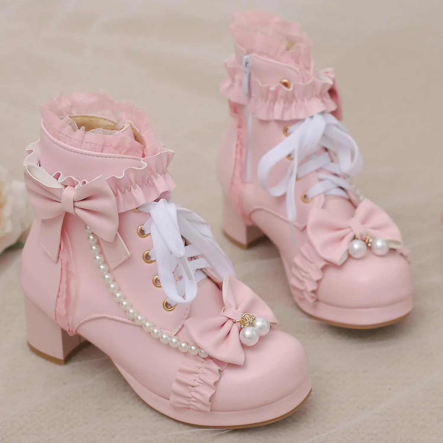 LUXMAX Women Chunky Heel Lace Up Booties Lolita Kawaii Shoes Block Heel Cute Ankle Boots Sweet Lace Boots with Bow