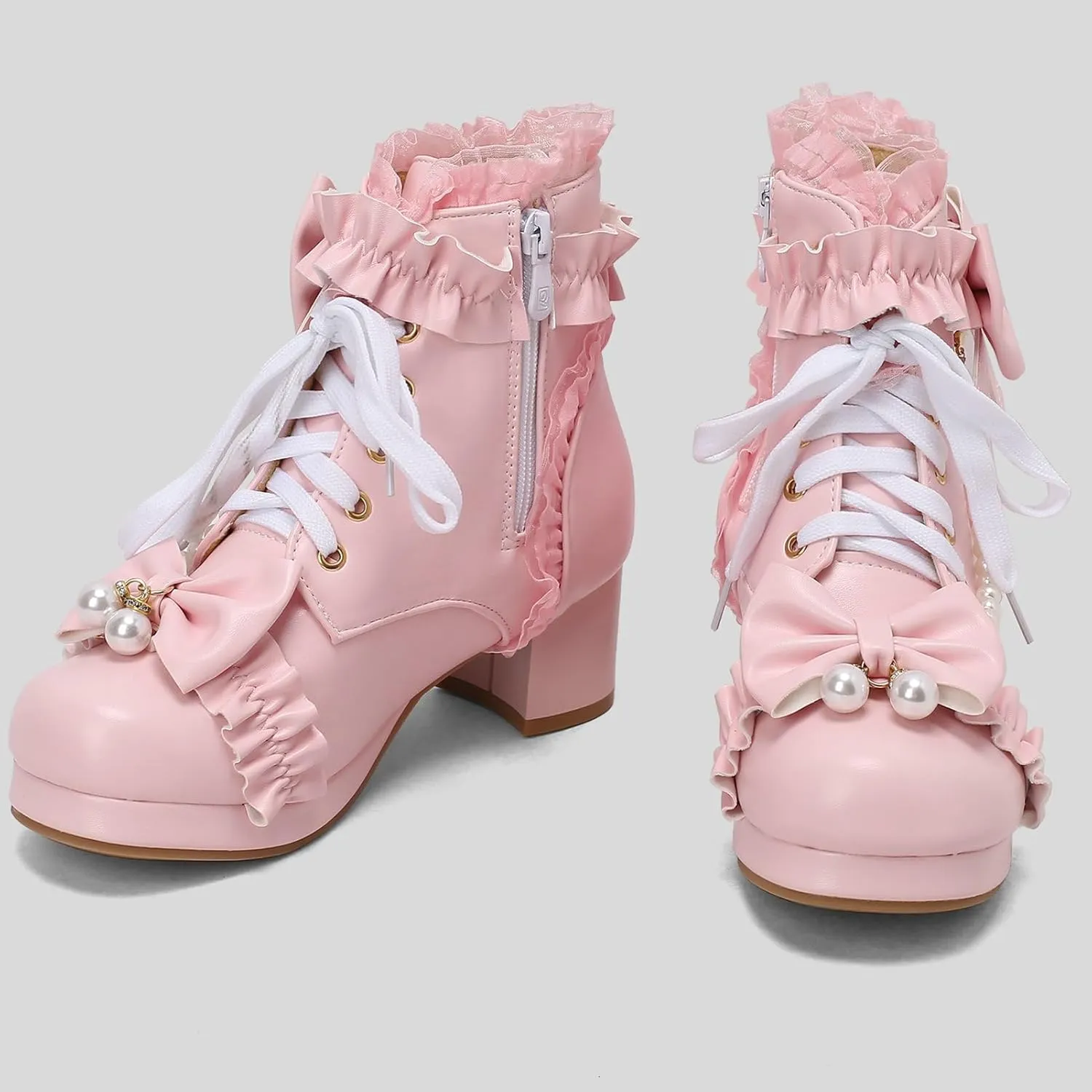 LUXMAX Women Chunky Heel Lace Up Booties Lolita Kawaii Shoes Block Heel Cute Ankle Boots Sweet Lace Boots with Bow