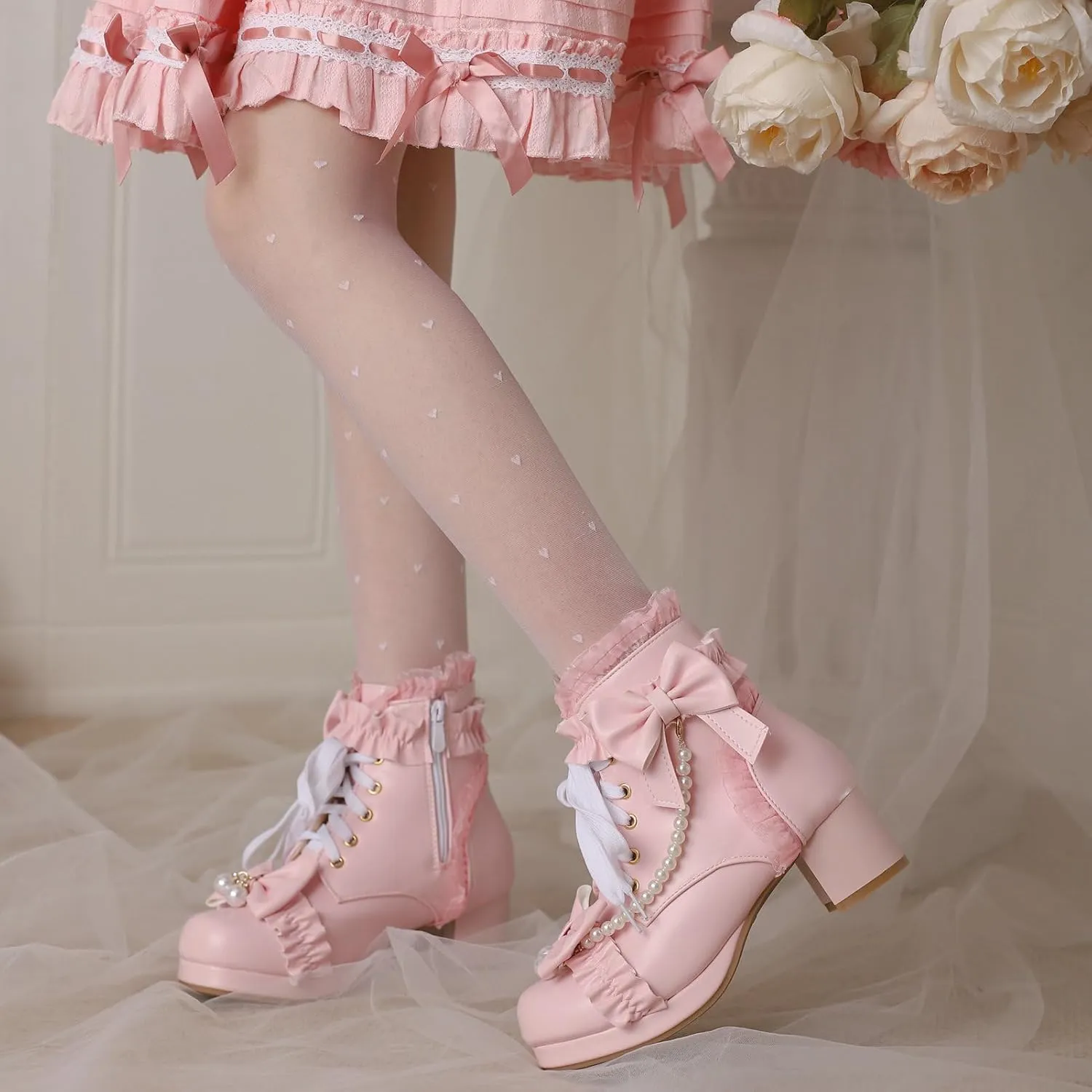 LUXMAX Women Chunky Heel Lace Up Booties Lolita Kawaii Shoes Block Heel Cute Ankle Boots Sweet Lace Boots with Bow