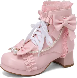 LUXMAX Women Chunky Heel Lace Up Booties Lolita Kawaii Shoes Block Heel Cute Ankle Boots Sweet Lace Boots with Bow