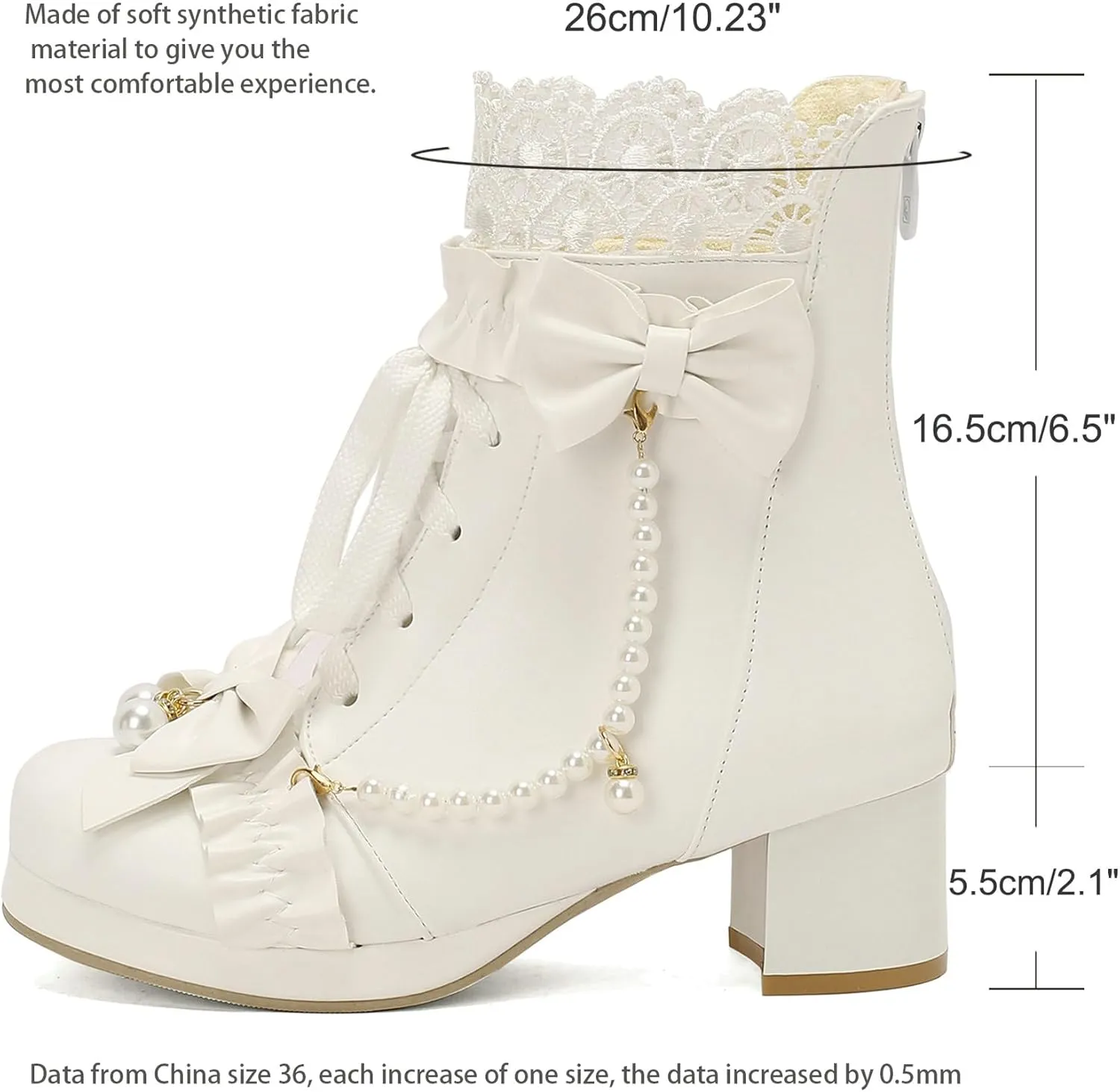 LUXMAX Women Cute Lolita Boots Chunky Mid Heel Ankle Boots with Bow Platform Lace Up Booties with Pearl