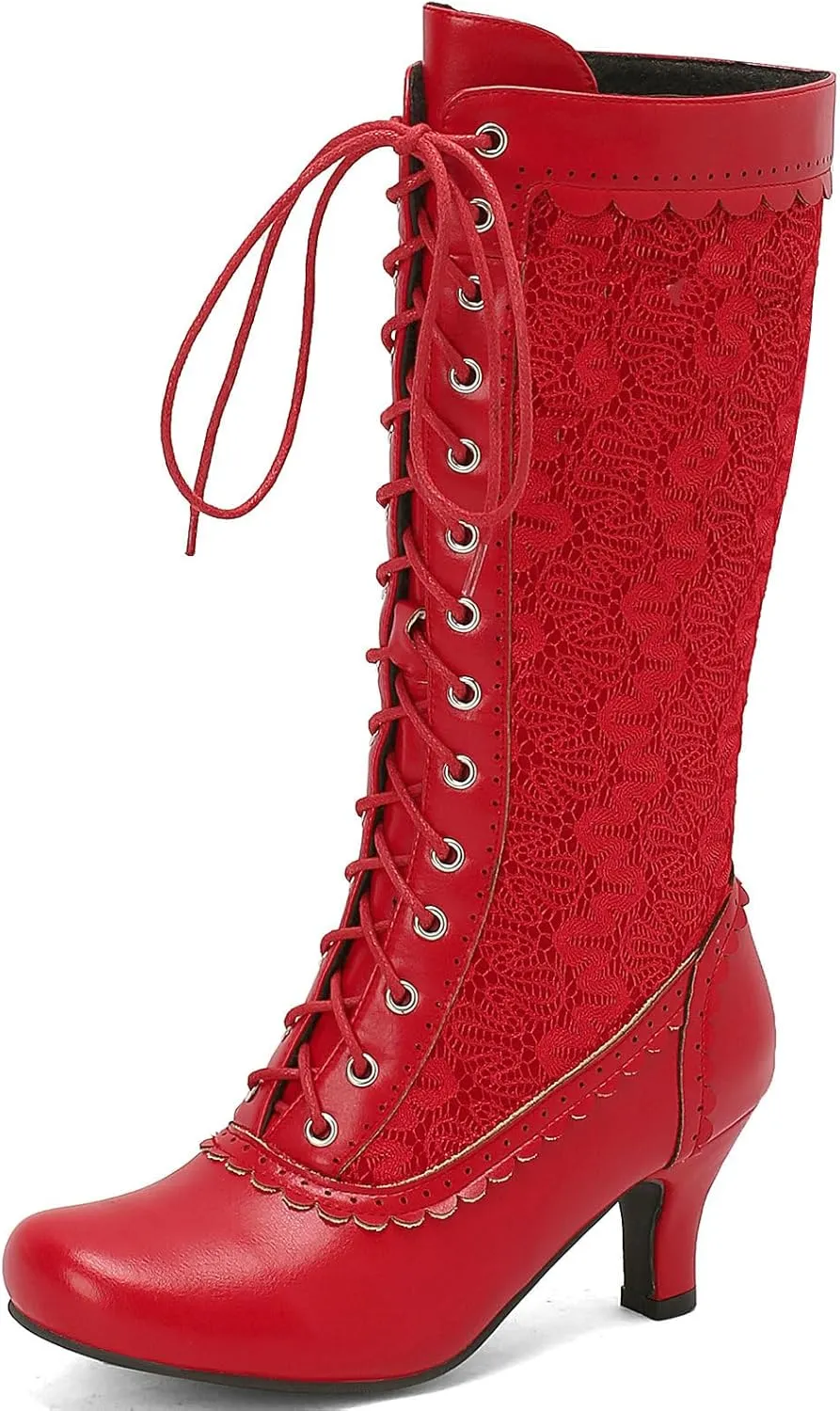 LUXMAX Women Gothic Victorian Boots Low Kitten Heel Mid Calf Boots Lace Up Cute Bow Boots for Ladies Witch Shoes