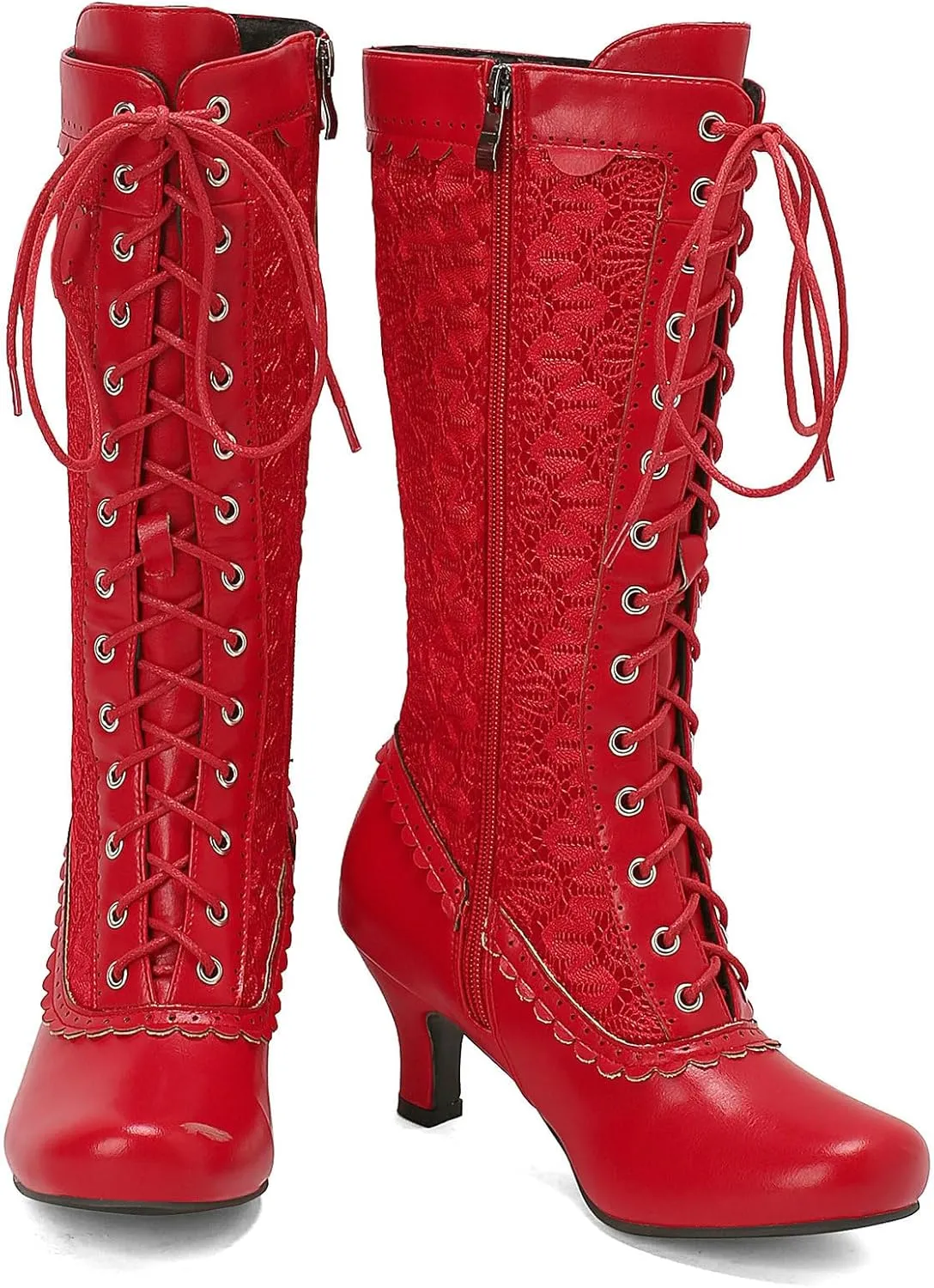 LUXMAX Women Gothic Victorian Boots Low Kitten Heel Mid Calf Boots Lace Up Cute Bow Boots for Ladies Witch Shoes