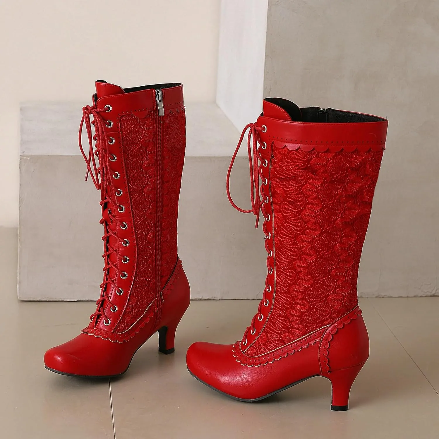 LUXMAX Women Gothic Victorian Boots Low Kitten Heel Mid Calf Boots Lace Up Cute Bow Boots for Ladies Witch Shoes