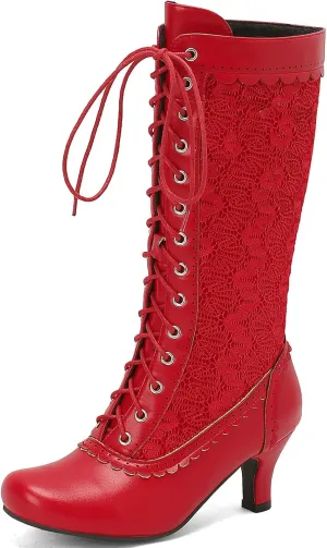LUXMAX Women Gothic Victorian Boots Low Kitten Heel Mid Calf Boots Lace Up Cute Bow Boots for Ladies Witch Shoes