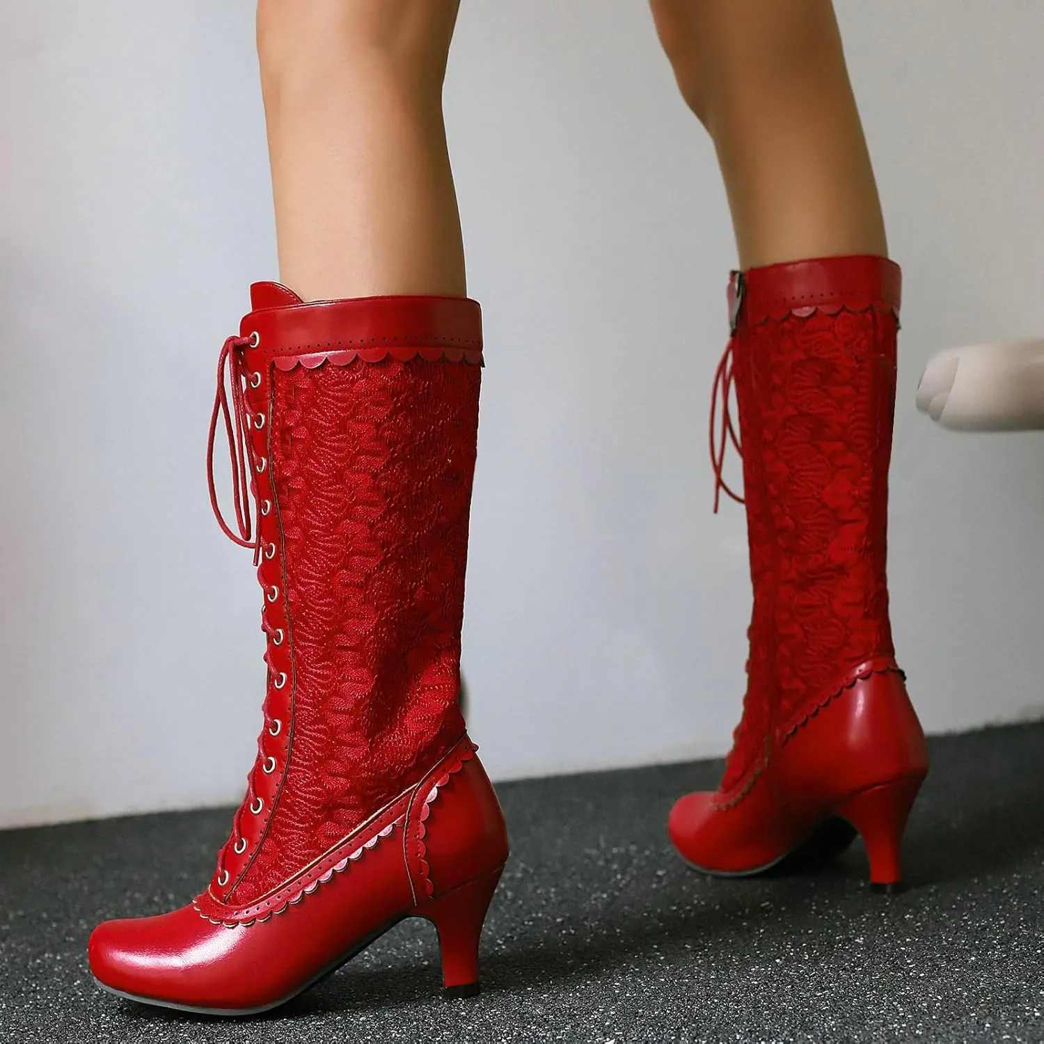 LUXMAX Women Gothic Victorian Boots Low Kitten Heel Mid Calf Boots Lace Up Cute Bow Boots for Ladies Witch Shoes