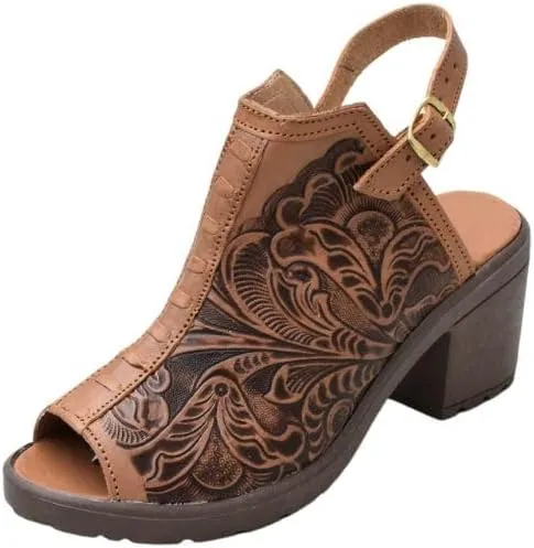 Macarena Collection Women's Handmade Leather Peep-Toe Sandals with Intricate Floral Engraving – Brown Model 68
