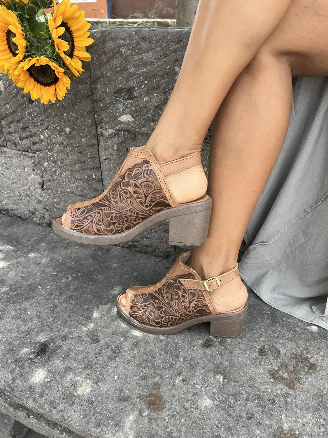 Macarena Collection Women's Handmade Leather Peep-Toe Sandals with Intricate Floral Engraving – Brown Model 68
