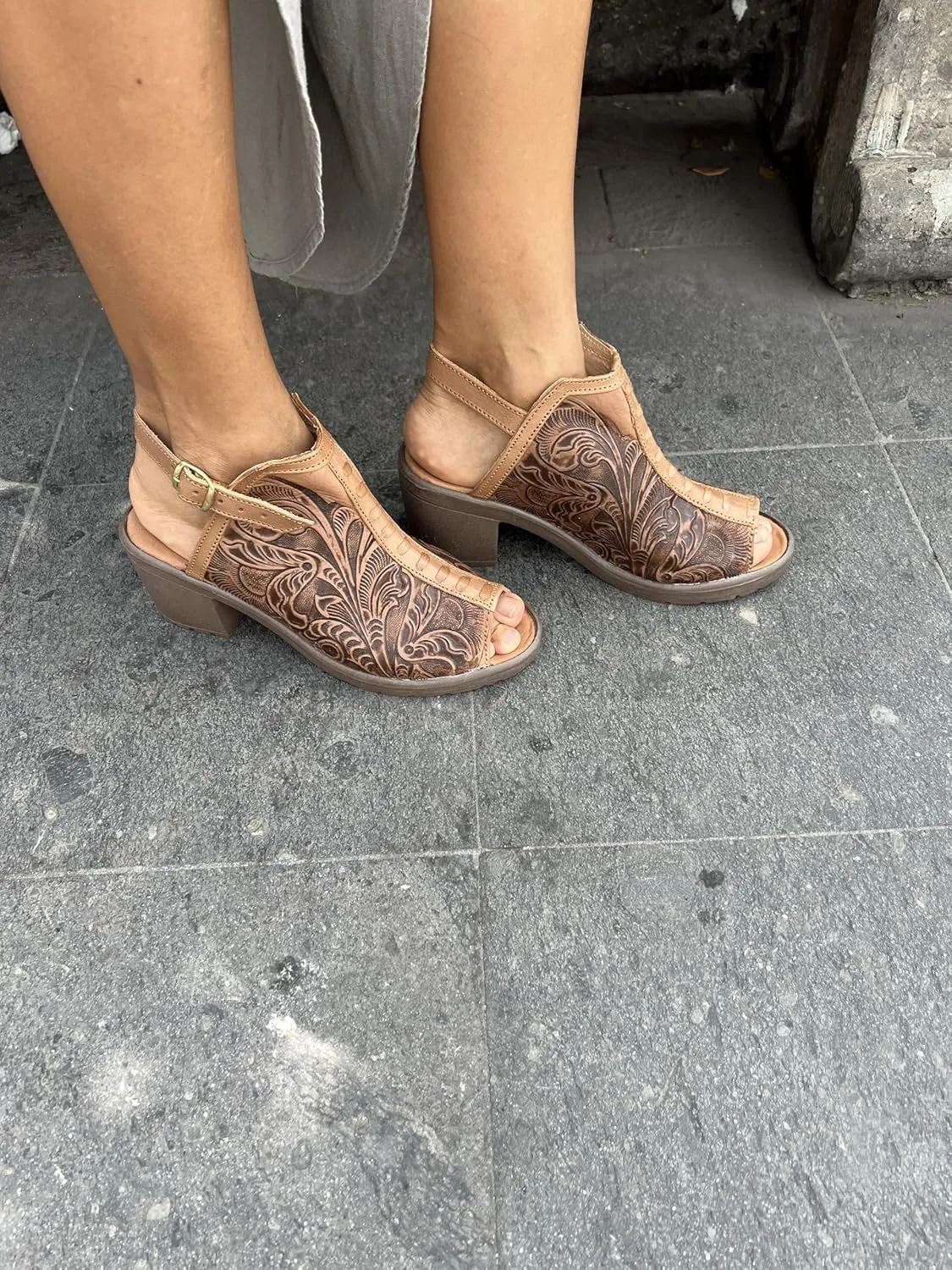 Macarena Collection Women's Handmade Leather Peep-Toe Sandals with Intricate Floral Engraving – Brown Model 68