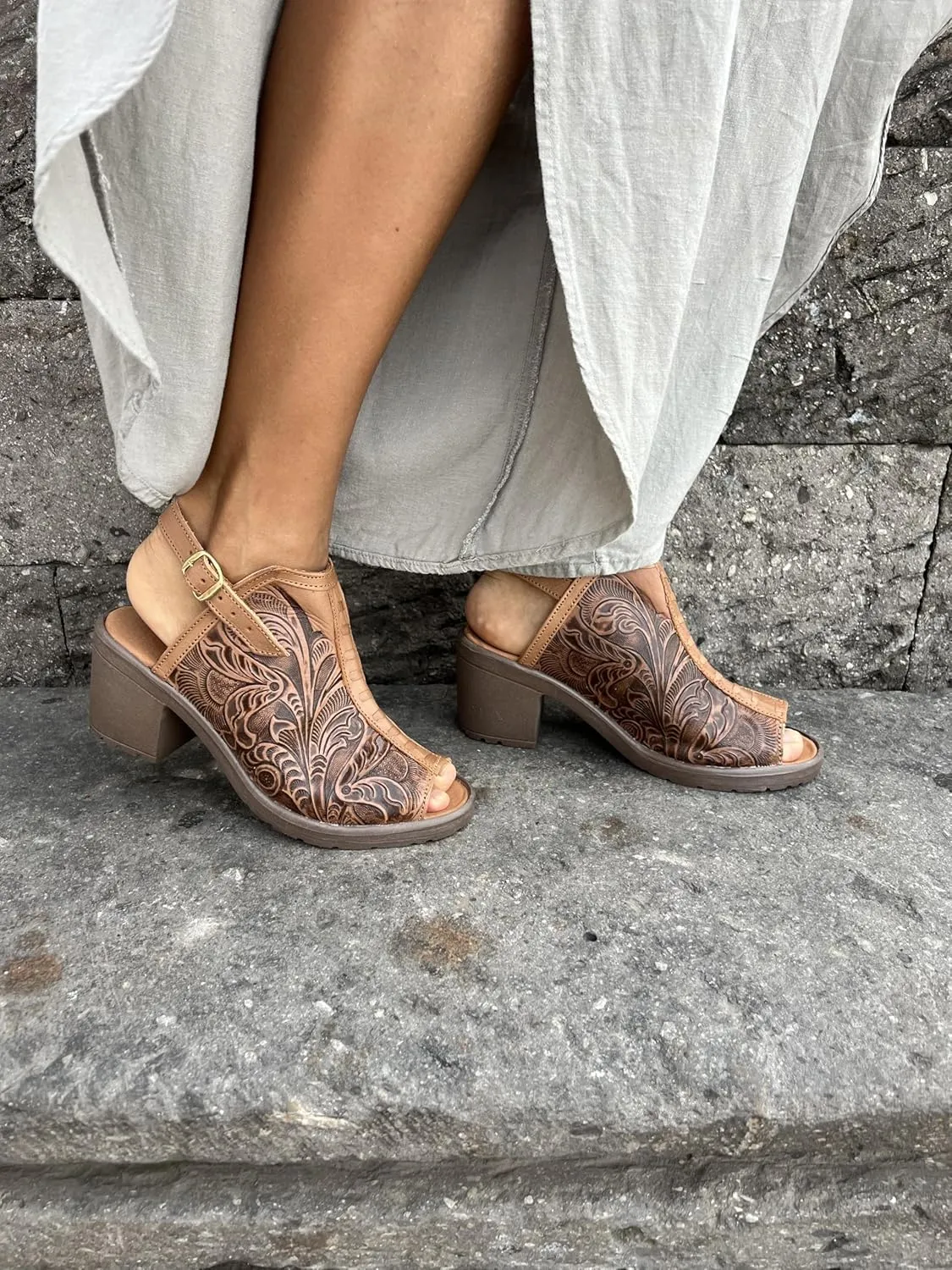 Macarena Collection Women's Handmade Leather Peep-Toe Sandals with Intricate Floral Engraving – Brown Model 68