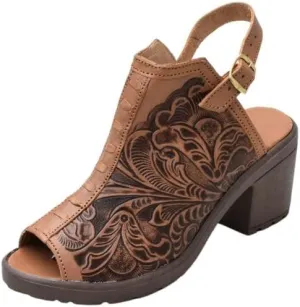 Macarena Collection Women's Handmade Leather Peep-Toe Sandals with Intricate Floral Engraving – Brown Model 68