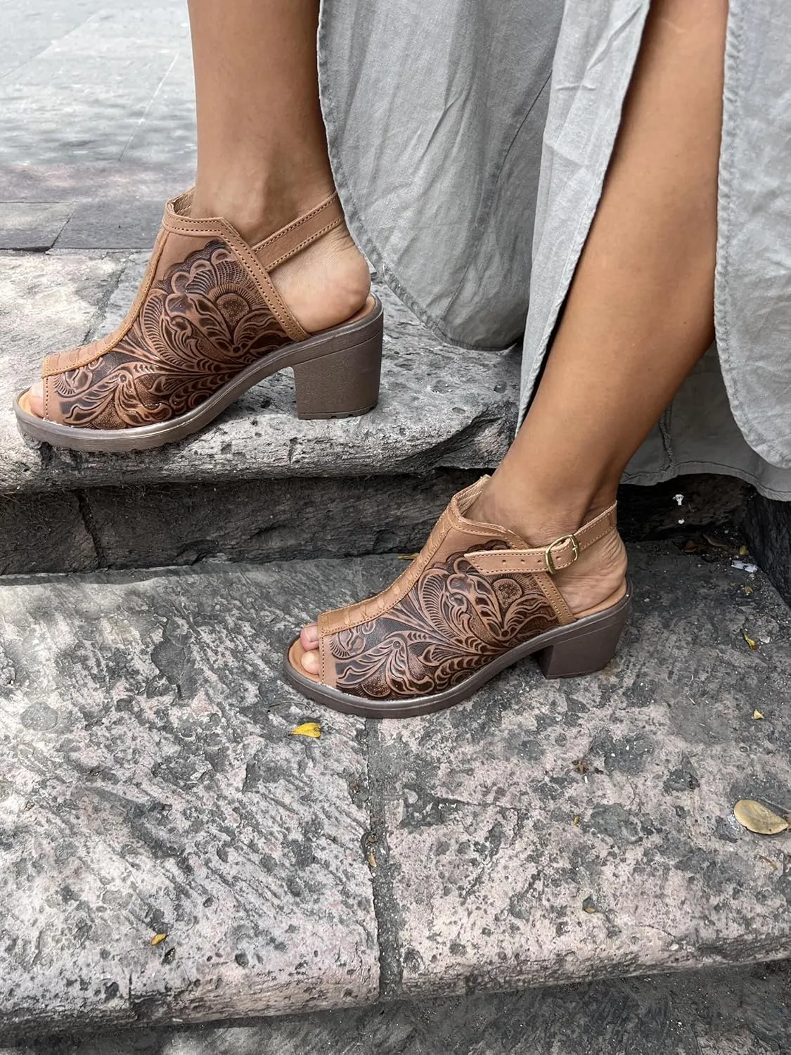 Macarena Collection Women's Handmade Leather Peep-Toe Sandals with Intricate Floral Engraving – Brown Model 68