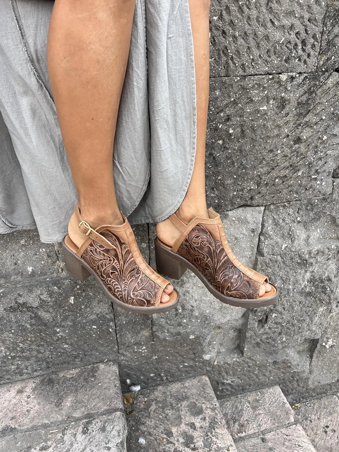 Macarena Collection Women's Handmade Leather Peep-Toe Sandals with Intricate Floral Engraving – Brown Model 68