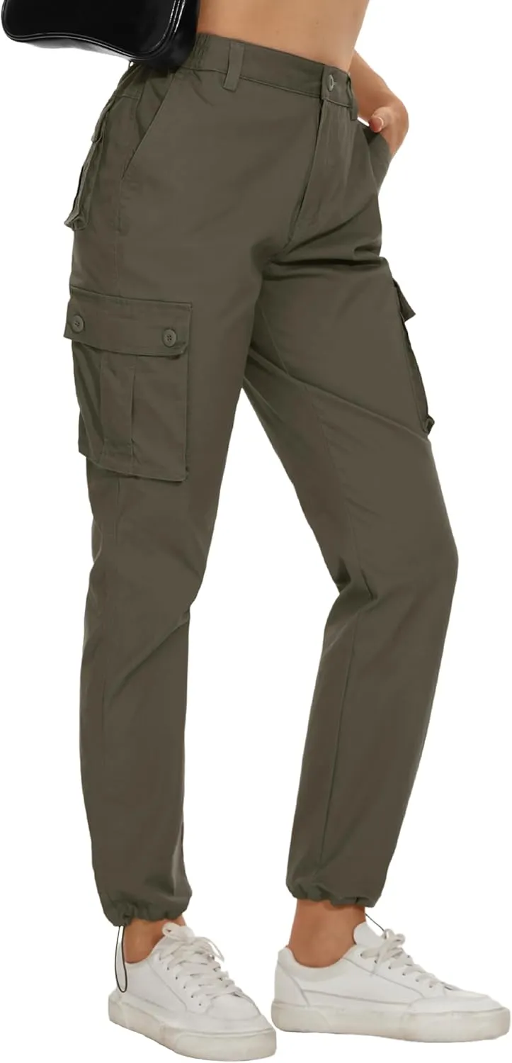 MAGCOMSEN Womens Cargo Pants 6 Pockets Cotton Work Pants Casual Stylish Elastic Waistband Military Trousers