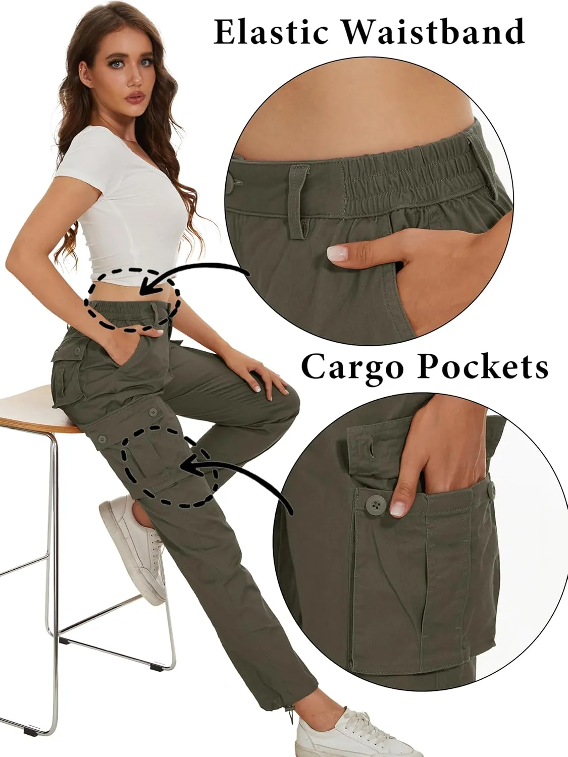 MAGCOMSEN Womens Cargo Pants 6 Pockets Cotton Work Pants Casual Stylish Elastic Waistband Military Trousers