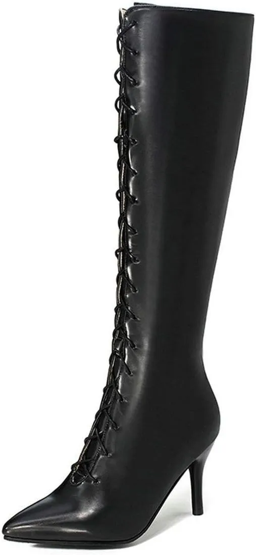 MAVMAX Women's Lace up Knee High Fashion High Heels Stilettos Pointed Toe Boots