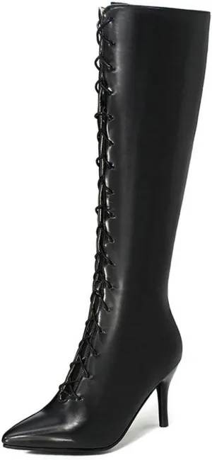 MAVMAX Women's Lace up Knee High Fashion High Heels Stilettos Pointed Toe Boots