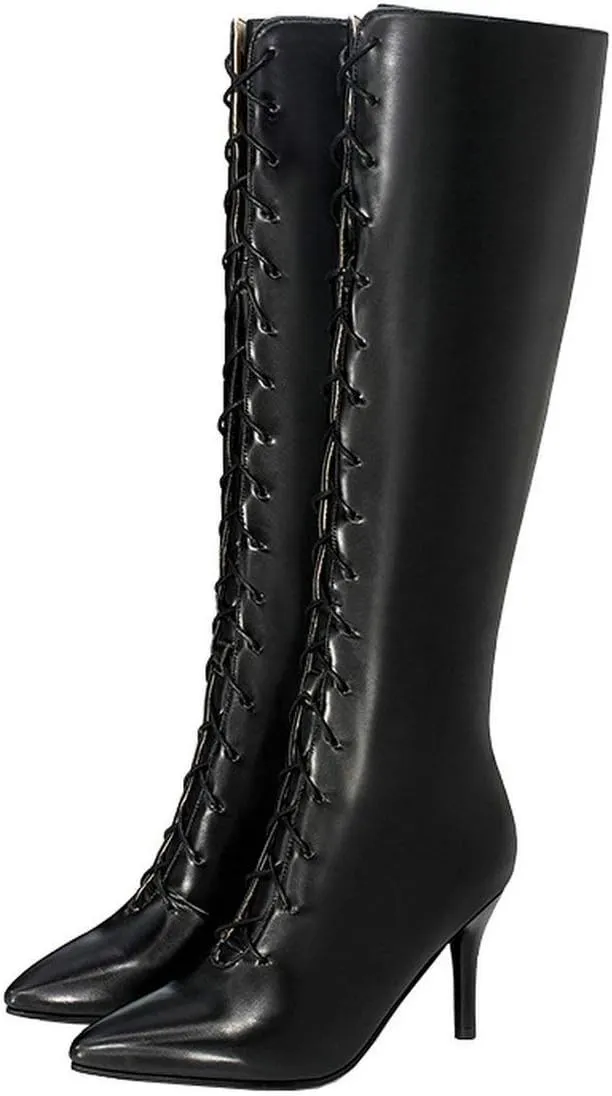 MAVMAX Women's Lace up Knee High Fashion High Heels Stilettos Pointed Toe Boots
