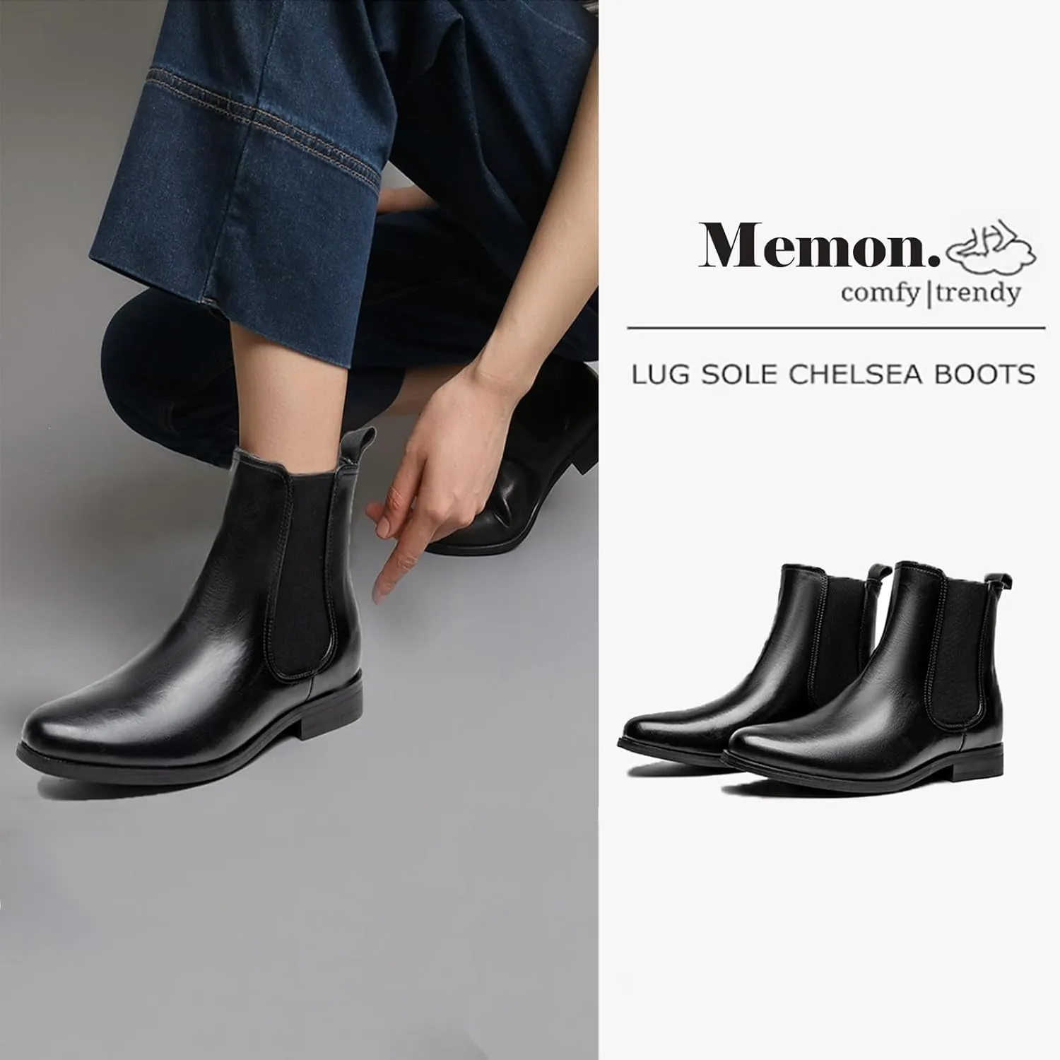 MEMON Women's Chelsea Boots Slip-on Fashion Low Heeled Booties for Women Casual Comfortable Black Ankle Booties Shoes