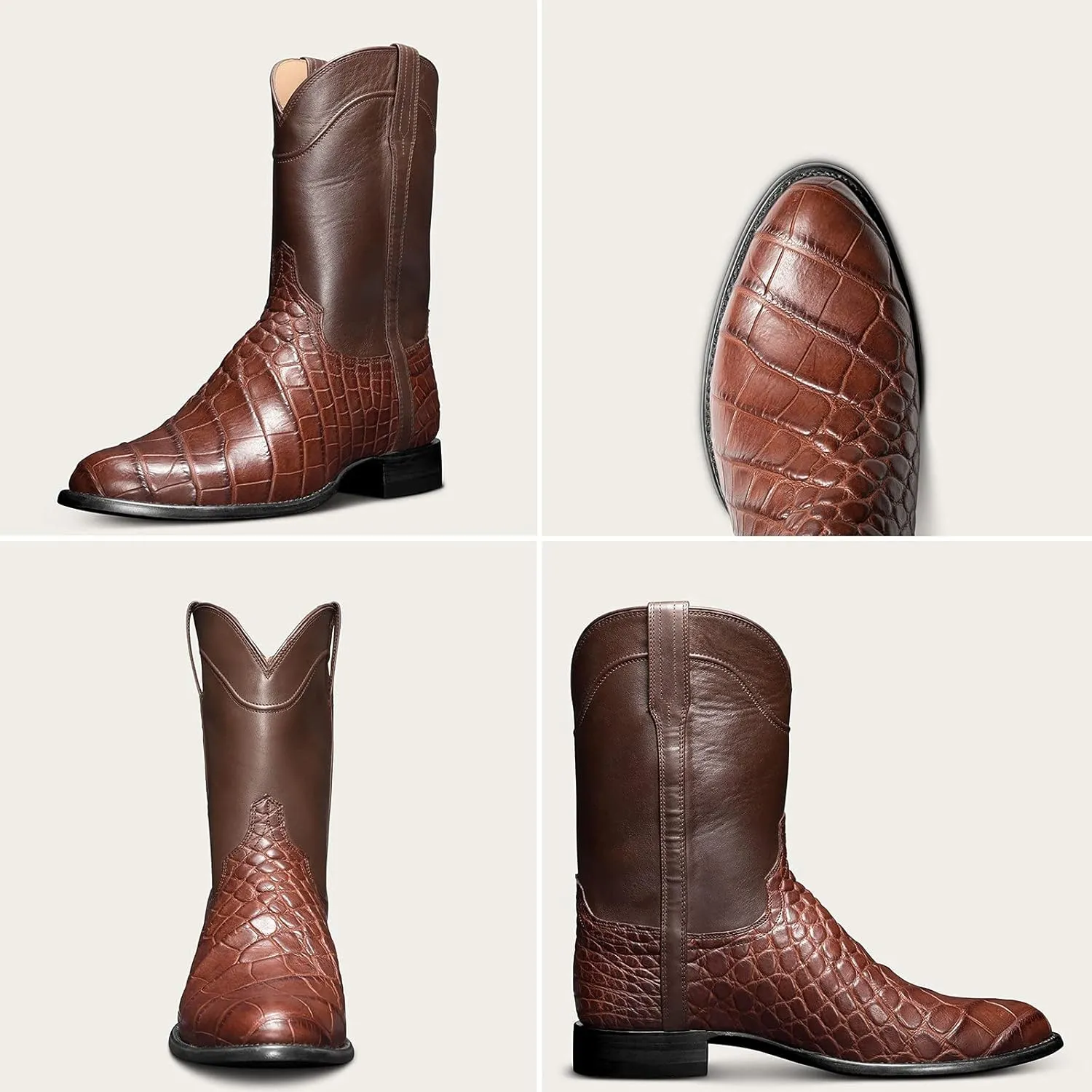 Men Boots Casual Work Boots Square Toe Low Heel Stitching Snake Print Boots Wide Calf Fashion Cowboy Boots