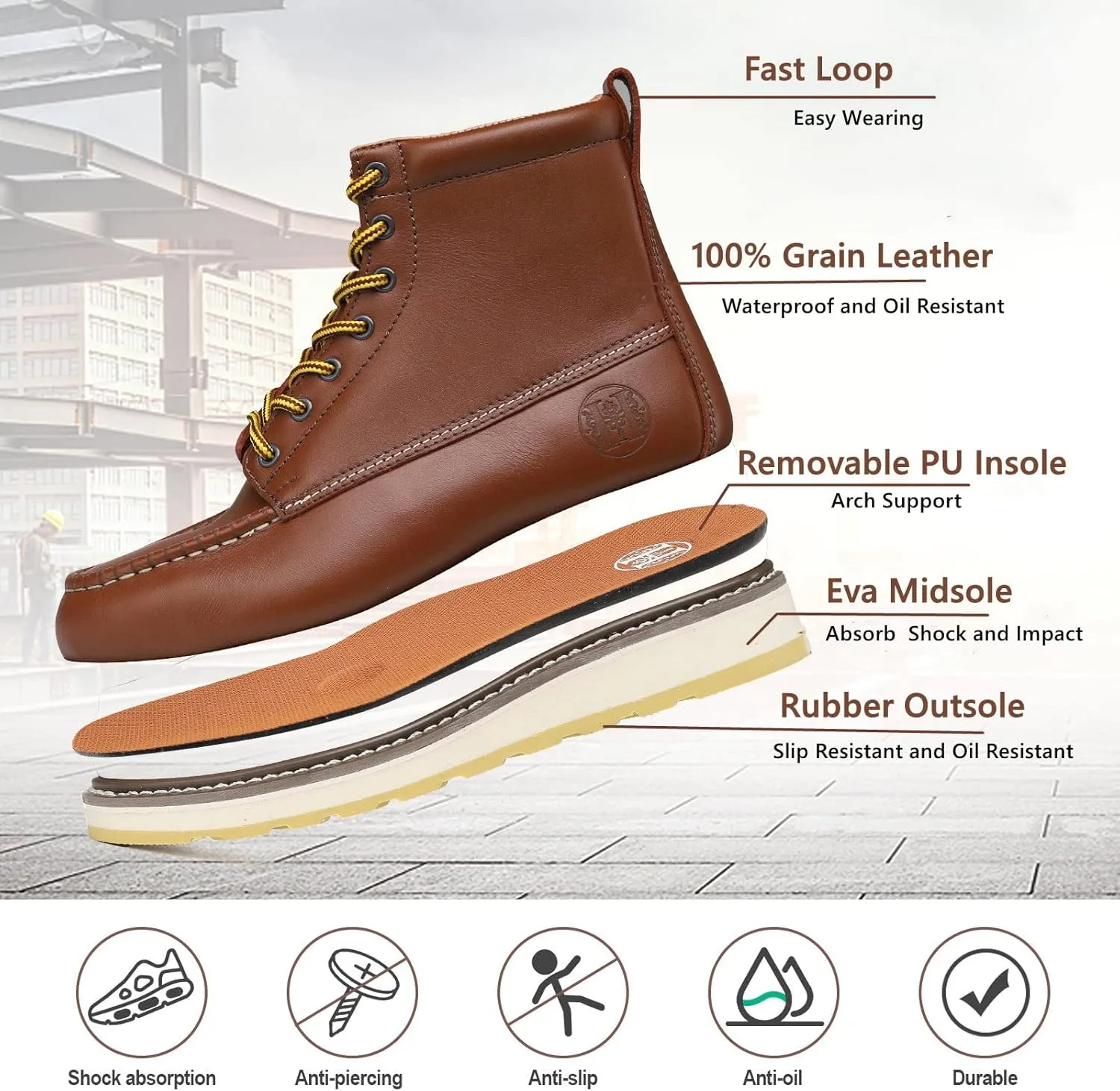 Men's 6" Soft Toe Leather Suretrack Slip/Oil Resistant Work Boots, Brown, 84994