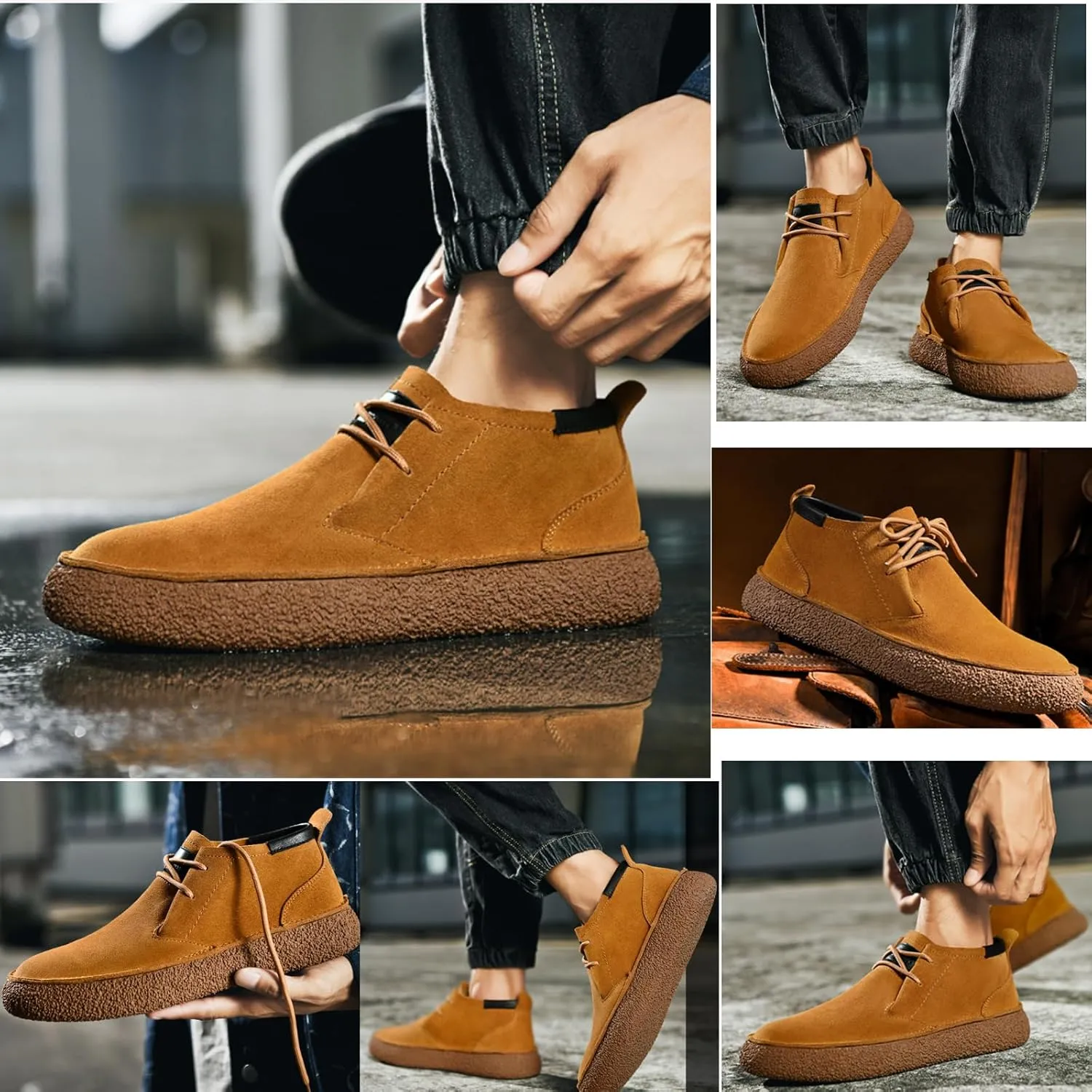 Mens Ankle Desert Chukka Boots Lace Up Suede Leather Shoes Round Toe Platform Deck Boots